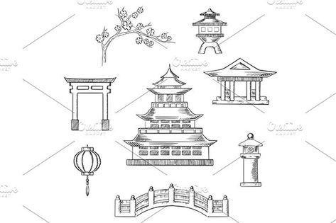 Japan travel icons in sketch style , #affiliate, #pagoda#japanese#surrounded#branch #Ad Japanese Temple Drawing, Japanese House Drawing, Japanese Architecture Drawings, Japan In Winter, Japanese Drawing, Bridge Drawing, Temple Drawing, Japan Temple, Japanese Pagoda