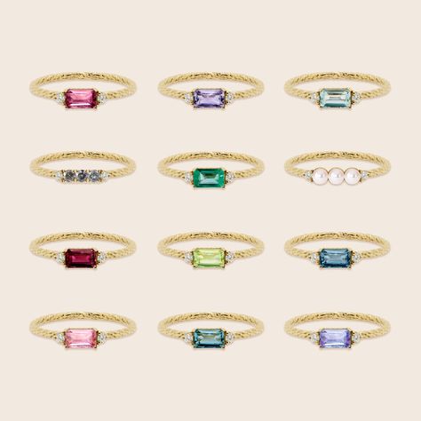 18 carat gold trilogy birthstone rings, featuring an array of different coloured gemstones connected to the month of the year. Diamond Cut Ring, Sequin Dress Outfit, Diamond Ring Cuts, Birthday Table Decorations, Diy Jewelry Holder, Birthstone Rings, Alternative Engagement Ring, Jewelry Holders, Gem Jewelry