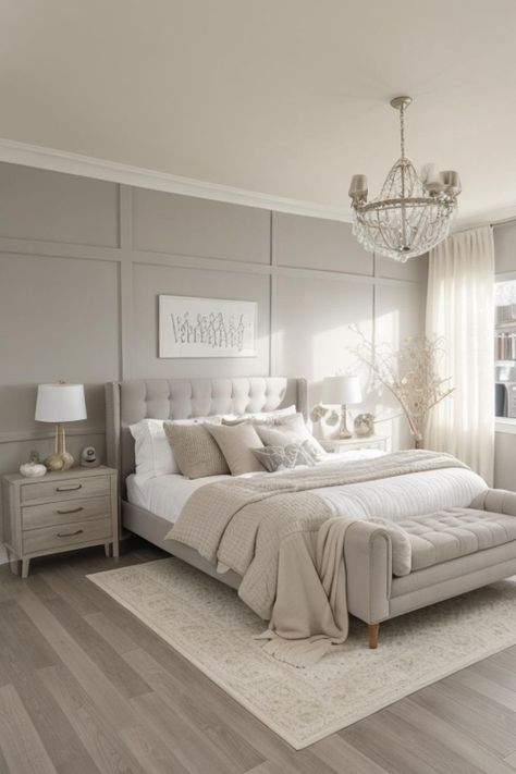 Experiment with this precise design and furniture in your own area using AI HomeDesign with just one click!Grey, Serene, Neutral, Dreamy, Cream, Silver, Soft, Monochromatic, Brown, Muted, Dark, Pastel, Striped, Chandelier, Dressers#BedroomDesign #NeutralColors #SereneSetting #DreamyPalette #MonochromaticScheme #SoftColors #MutedTones #GreyStripes #CreamRoom #AIHomeDesign Bed White Comforter, Blue And Silver Bedroom, Grey Boho Bedroom, Grey And Gold Bedroom, Brown Color Scheme, Dark Pastel, Monochrome Bedroom, Grey Boho, Silver Bedroom