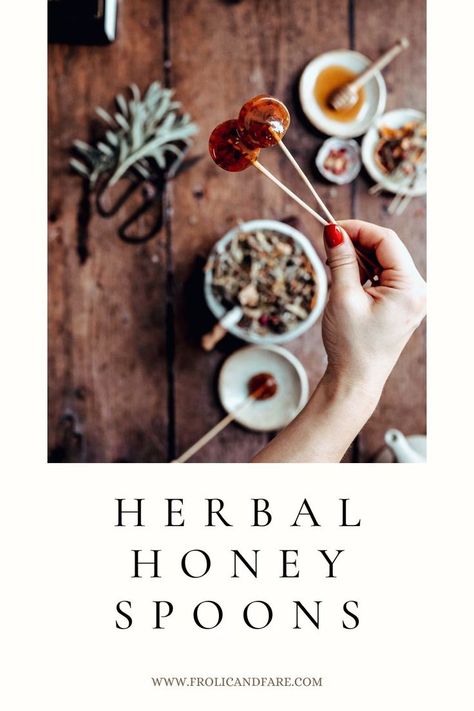 graphic with beautiful photo of woman with red nails holding herbal honey lollipops with fresh herbs dying in the background Thieves Blend, Herbal Candy, Herbal Honey, Throat Relief, Spoons Diy, Honey Pops, Sore Throat Relief, Cottagecore Food, Easy Candy Recipes