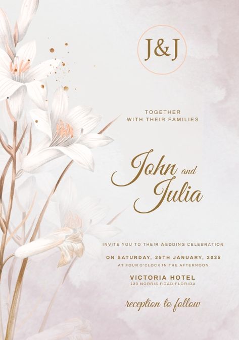 Floral wedding invitation with purple flower Wedding Card Ideas, Invitation Wedding Card, Free Wedding Cards, Wedding Card Frames, A4 Document, Invitation Flyer, Event Flyers, Floral Wedding Invitation, Beautiful Wedding Invitations