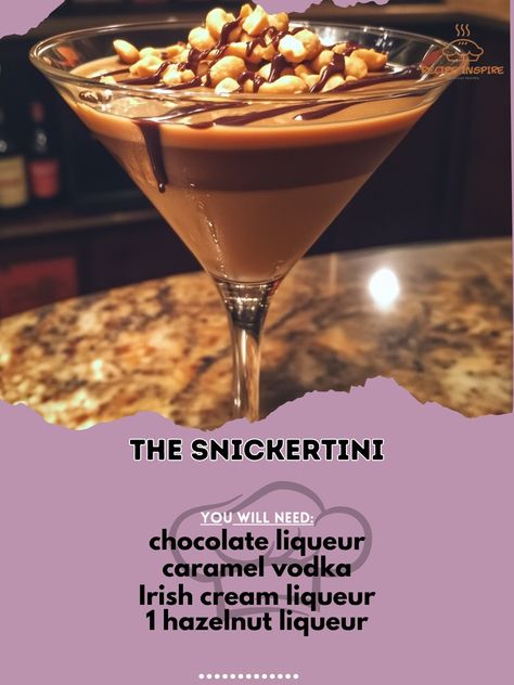 🍫🍸 Indulge in the decadent fusion of a Snickers bar and a martini with "The Snickertini"! 🍹🥜 "The Snickertini" Ingredients: - 2 oz chocolate liqueur (60 ml) - 1 oz caramel vodka (30 ml) - 1 oz Irish cream liqueur (30 ml) - 1/2 oz hazelnut liqueur (15 ml) - Chocolate syrup, crushed peanuts, and caramel sauce for garnish Instructions: 1. Rim glass with chocolate syrup and crushed peanuts. 2. In a shaker, combine chocolate liqueur, caramel vodka, Irish cream, and hazelnut liqueur with ice. 3.... Snickertini Recipe, Hazelnut Martini, Pub Cocktails, Salted Caramel Vodka, Caramel Vodka, Chocolate Cocktails, Irish Cream Liqueur, Snickers Bar, Chocolate Liqueur