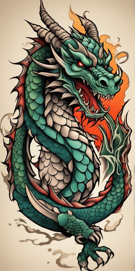 Neotraditional Dragon Tattoo, Neo Trad Dragon, Dragon Drawing Color, Neotraditional Dragon, Neo Traditional Dragon Tattoo, Color Dragon Tattoo, Colour Tattoo Designs, Traditional Dragon Tattoo, Traditional Tattoo Dragon