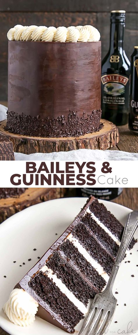 A rich chocolate cake infused with Guinness, paired with a Baileys dark chocolate ganache and a Baileys buttercream. This Baileys & Guinness Cake is the perfect grown-up treat. | livforcake.com Baileys Buttercream, Guinness Cake, Beaux Desserts, Dark Chocolate Ganache, Rich Chocolate Cake, Eat Dessert, Chocolate Ganache, Healthy Baking, Cupcake Recipes