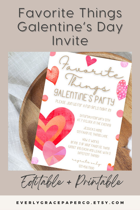 Thinking of hosting a Galentine's Day Favorite Things Party? This editable invitation is adorable, girly, and simple! Perfect for your Valentine's Day event! Printable Friends, Valentinstag Party, Galentines Party, Valentine's Day Party, Online Digital, Friends Valentines, Brunch Invitations, Watercolor Heart, Valentines Party