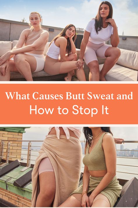 Dealing with butt sweat? You’re not alone. We’ve put together some tips to help you prevent butt sweat (or swamp ass, as some call it) on our blog. #ChubRub #ThighChafing #BodyConfidence #BodyPositivity #BodyNeutrality #ThighSociety Thigh Rub, Stop Sweating, Thigh Chafing, Chub Rub, Baggy Tee, Excessive Sweating, Body Confidence, Hot Flashes, Beauty Stuff