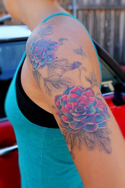 love the colors  flower tattoo | arm tattoo | tattoo sleeve | blue and pink tattoo | tattoos for girls | tattoo inspiration Pink Tattoo, Flower Tattoo Arm, Floral Tattoo Sleeve, Tattoos Geometric, Tattoos For Black Skin, Tattoo Designs For Girls, Best Sleeve Tattoos, Best Tattoo Designs, Sleeve Tattoos For Women