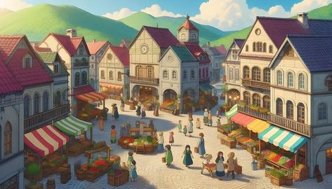 Premium Photo | Quaint town square with cobblestone streets colorful market stalls Cartoon Town, Tree Town, Scene Drawing, Cobblestone Streets, Market Square, Market Stalls, Town Square, Ancient Tree, Halloween Vibes