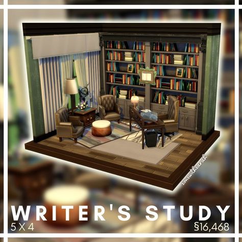 Sims 4 Library Room Ideas, Sims Study Room, Sims 4 Home Library, Sims 4 Author Cc, Sims 4 Study Room Ideas, Sims 4 Writer House, Sims 4 Empty Space Ideas, Study Sims 4, Sims 4 Cc Writer