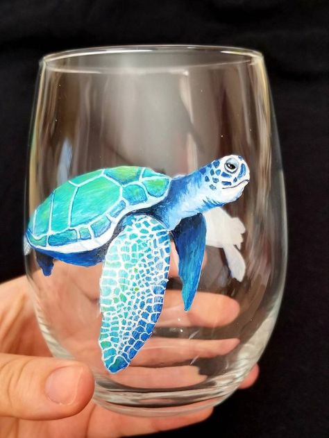 Ocean Christmas, Crown Bottle, Patron Bottle, Sea Turtle Painting, Glass Turtle, Baby Sea Turtle, Custom Wine Glass, Painting Glass, Custom Wine Glasses