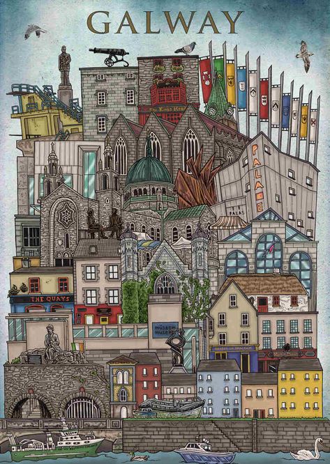 Beautiful Buildings Architecture, Derry City, Ireland Aesthetic, The Long Walk, Galway City, National University, Galway Ireland, Cathedral City, Poster City