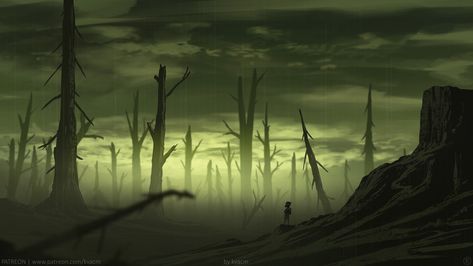 Desolate Forest by Michal Kváč Desolate Landscape Fantasy Art, Desolate Forest, Dead Forest, Apocalypse Landscape, Dnd World Map, Location Inspiration, Paintings And Drawings, Image Painting, Forest Art