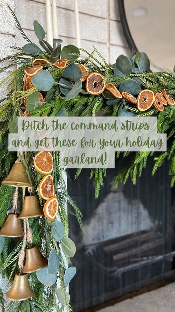 Danielle Ficenec on Instagram: "These command bundlers are so good for holding thick garland (4 different types shown here) 💫 mantle is 64” and I used 5! Found mine on Amazon @amazon #pinegarland #eucalyptus #christmasgarland #driedoranges #joy #amazonfinds #christmasdecor #garland #mantlegarland" Eucalyptus Garland Mantle, Eucalyptus Garland Christmas, Pottery Barn Diy, Amazon Christmas Decorations, Garland Mantle, Christmas Garland Mantle, Rustic Winter Decor, Christmas Decor Ideas Outdoor, Mantle Garland