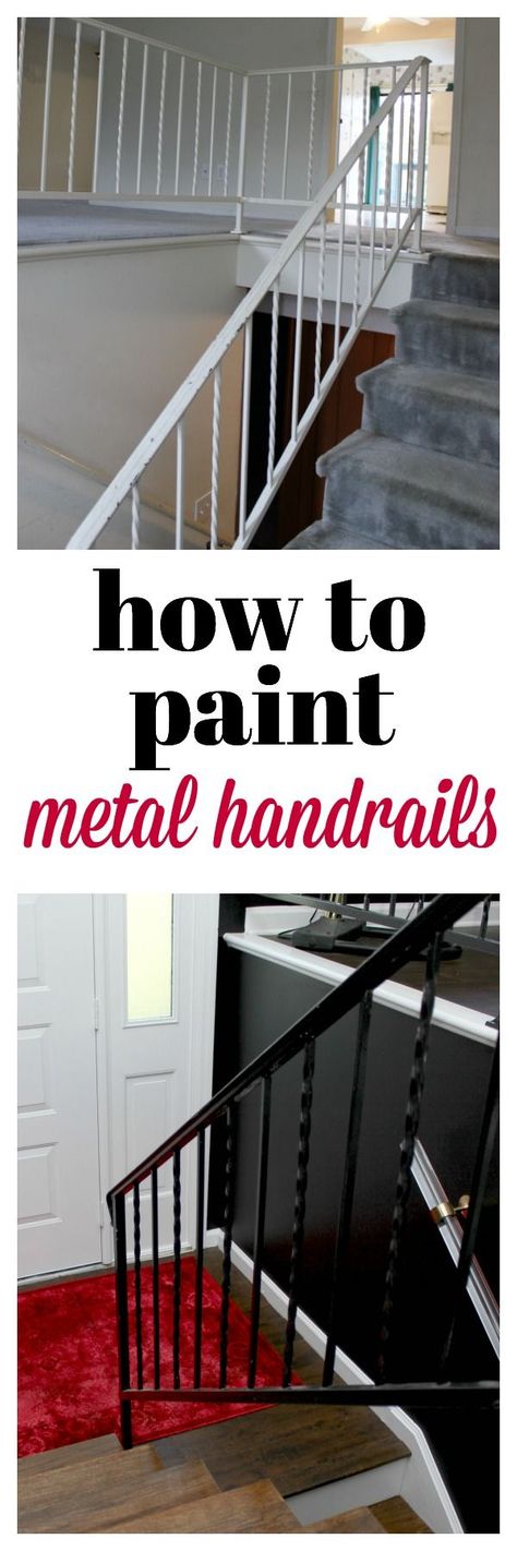 How to Paint Metal Stair Rails | How to Paint Metal | Paint for Metal Surfaces | Stair Railing Ideas | Stair Railing Makeover Painted Stairs Makeover, How To Paint Metal, Black Stair Railing, Outdoor Furniture Makeover, Stair Railing Makeover, Diy Stairs Makeover, Metallic Painted Furniture, Indoor Railing, Metal Stair Railing