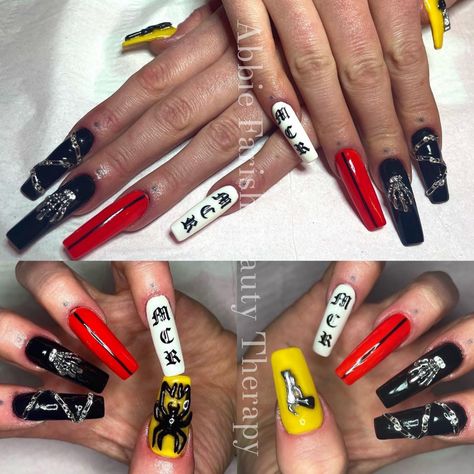 Mcr, my chemical romance nail art, mcr nails, acrylic nail art, emo nails, goth nails, red nail, yellow nail, black nail, white nail Mcr Nails Acrylic, My Chemical Romance Nails, Nail Art Emo, Mcr Nails, Emo Nails, Nails Goth, Gothic Nails, Wet Felting Projects, Goth Nails