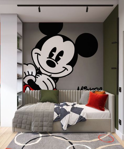 Home decor ideas bedroom kids boys wall art Boys Disney Room, Disney Themed Airbnb, Mickey Mouse Bedroom Ideas, Minnie Mouse Bedroom Ideas, Mickey Mouse Bedroom Decor, Mickey Mouse Room Decor, Mickey Mouse Curtains, Mickey Room, Disney House Ideas