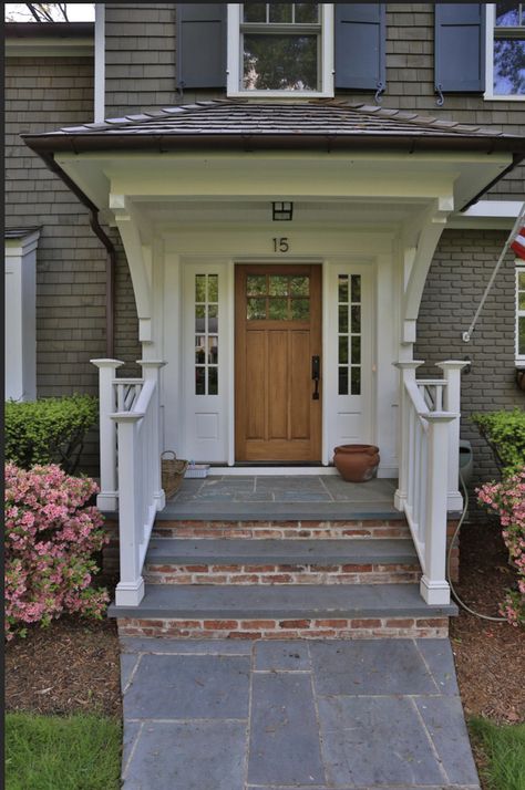 Front Door Portico Ideas, Wood Glass Front Door, Exterior Porch Ideas, Front Door Portico, Portico Ideas, Front Balcony Design, Door Portico, Porches Ideas, Exterior Handrail