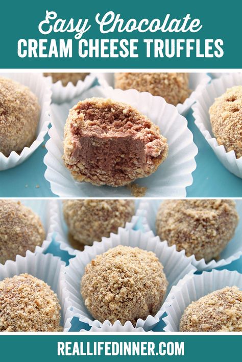 Only five ingredients. The perfect sweet treat. Taste like Chocolate Cheesecake. Easy Chocolate Cream Cheese Truffles look fancy but are super simple to make! ~ https://reallifedinner.com Cream Cheese Truffles, Cheese Truffles, Sweet Truffles, Holiday Candy Recipes, Cheesecake Easy, Easy Truffles, Easy Candy Recipes, Christmas Candies, Gifts Homemade