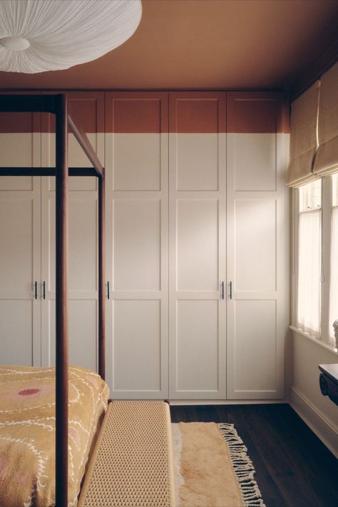 The master bedroom, with the terracotta ceiling in all its warm and enveloping glory! As it's a street facing room, we added cafe curtains for added privacy and softness. Mixing vintage and contemporary design is what I love doing most. Interior Design by @annasheridan_creative Photography by @jasperfry Terracota Ceiling, Terracotta Ceiling, Desk And Chair, Beni Rugs, Cafe Curtains, Painted Ceiling, California Style, Wall Paint, The Master