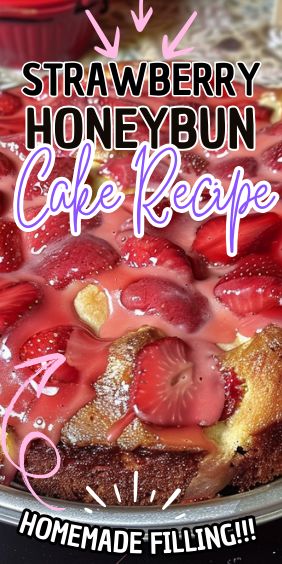 Strawberry Honeybun Cake Strawberry Honeybun Cake Recipe, Strawberry Hunny Bun Cake, Strawberry Honey Bun Cake Recipe, Strawberry Honey Bun Cake, Strawberry Honeybun Cake, Honeybun Cake Recipe, Honeybun Cake, Homemade Cake Recipe, Delicious Strawberry Cake