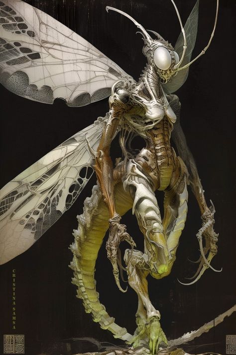 Insect Armor Concept Art, Giant Insects Fantasy Art, Biomechanical Character Design, Dragonfly Monster, Dragonfly Character Design, Insectoid Humanoid, Metamorphosis Aesthetic, Bug Alien, Insect Character