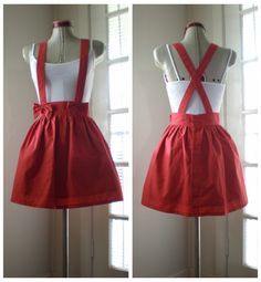 DIY Suspender Skirt - FREE Sewing Pattern and Tutorial by The ... Diy Suspenders, Red Suspenders, Overall Skirt, Diy Vetement, Suspender Skirt, Creation Couture, Sewing Skirts, Vestidos Vintage, Suspender Dress