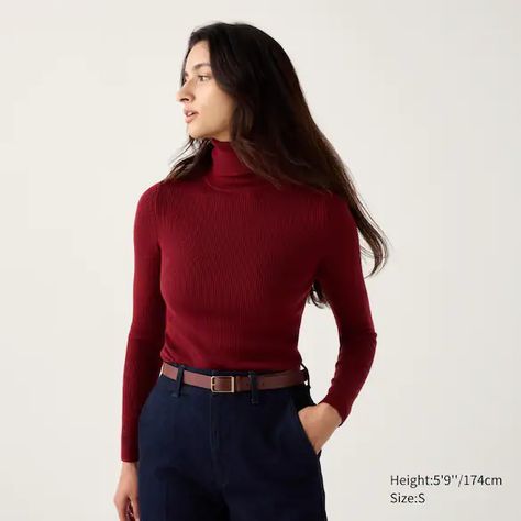 Maroon Turtleneck, Uniqlo Turtleneck, Uv Protection Clothing, Turtleneck Outfit, Turtleneck Jumper, Sweater Turtleneck, Red Turtleneck, Ribbed Turtleneck Sweater, Turtle Neck Jumper