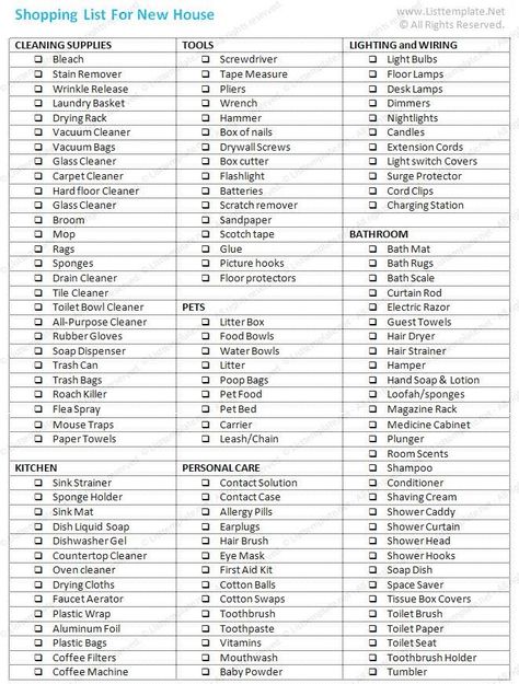 List Of Household Items For New House, New House Shopping List, First Home Checklist, Shopping List Template, New Home Essentials, House Checklist, First Apartment Essentials, New Home Checklist, House Shopping