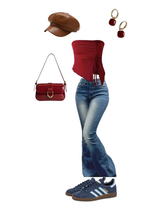 This outfit is a great example of how to take classic pieces and elevate them for a stylish look. The high-waisted jeans flatter your figure, while the sneakers add a touch of cool. The cherry red purse adds a pop of color, and the hat is a great way to finish off the look. Red Purse, Vintage Outfit, Red Purses, 1990's Fashion, How To Take, Cherry Red, Spring Outfit, High Waist Jeans, Trendy Fashion