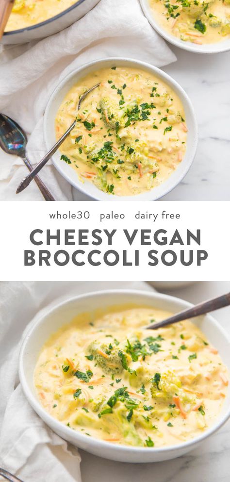 This paleo broccoli cheese soup is rich and creamy, easy to make, and a perfect paleo fall recipe. Whole30 compliant and totally dairy-free, there's plenty of cheesy flavor with none of the lactose and no weird ingredients! You'll fall in love with this paleo broccoli cheese soup, and it'll definitely become one of your favorite paleo fall recipes. #soup #vegan #dairyfree #paleo Paleo Fall Recipes, Paleo Broccoli, Vegan Broccoli Soup, Vegan Broccoli, Paleo Soup, Soup Vegan, Fall Recipe, Vegan Soup Recipes, Broccoli Soup