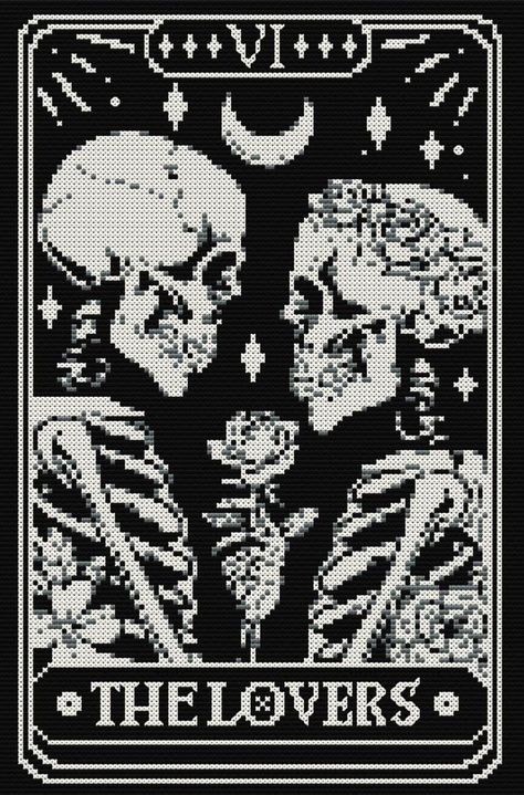 Tarot card cross stitch pattern. Final product 110 x 165 stitches. Three DMC colors used. The Lovers Cross Stitch, The Lovers Tarot Cross Stitch, Tarot Card Crochet Pattern, Tarot Card Tapestry Crochet, Black And White Cross Stitch Patterns, Tarot Crochet Pattern, Cross Stitch Tapestry Pattern, Tarot Cross Stitch Patterns, Goth Pixel Art Grid