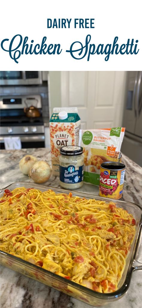 Chicken spaghetti made with a squash-based sauce and NO CHEESE! Paleo/Gluten free option as well! Dairy Free Chicken Spaghetti Recipe, Vegan Chicken Spaghetti, Dairy Free Chicken Spaghetti, Vegan Shredded Cheese, Chicken Spaghetti Casserole, Frozen Butternut Squash, Chicken Spaghetti Recipes, Healthy Food Swaps, Gluten And Dairy Free