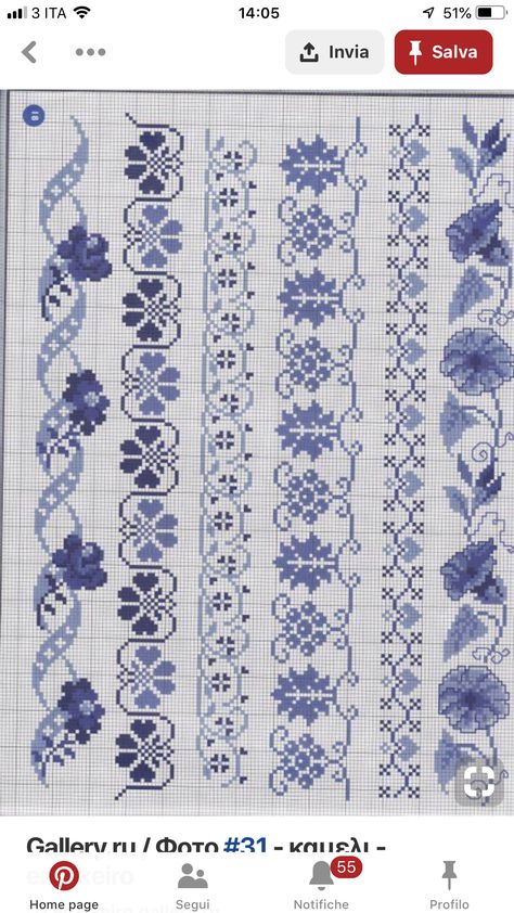 Blue Cross Stitch, Cross Stitch Boarders, Border Stitch, Cross Stitch Border Pattern, Crochet Border, Pola Kristik, Cross Stitch Patterns Flowers, Cross Stitch Bookmarks, Pola Sulam