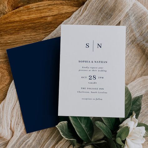 $2.98 | Minimal and Chic | White with Navy Blue Wedding #wedding, simple, minimalist, elegant, text based, modern, initials or monogram, traditional classic classy, dark blue and white, navy blue Navy Blue Wedding Theme, Silver Glitter Wedding Invitations, Popular Wedding Invitations, Dark Blue Wedding, Annapolis Wedding, Blue Wedding Invitation, Navy Blue Wedding Invitations, White Wedding Theme, Wedding Simple