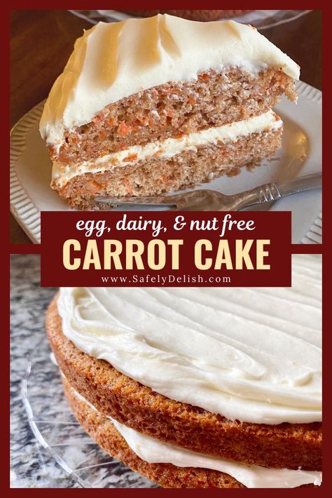 This Egg Free Carrot Cake is incredibly easy to make. It’s light, fluffy, perfectly spiced, and excellent topped with homemade cream cheese or vanilla frosting. Grab a few fresh carrots and some basic pantry staples, and you’ll be enjoying this beautifully simple dessert in no time! #eggfree #nutfree Egg Free Carrot Cake, Dairy Free Vanilla Frosting, Dairy Free Carrot Cake, Vegan Carrot Cake Recipe, Egg-free Recipes, Milk Allergy Mom, Egg Free Baking, Carrot Cake Recipe Easy, Homemade Cream Cheese