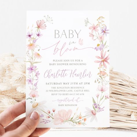 Baby In Bloom Wildflower Floral Baby Shower Invitation - Baby Shower Invitations Wildflower Theme, Shower Flowers, 16 Invitations, Purple Invitations, Baby Shower Pink, Wildflower Baby Shower, Bohemian Baby, Baby In Bloom, Spring Baby Shower