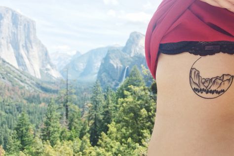 Yosemite Tunnel View mountains tattoo Yosemite Valley Tattoo, Tunnel View Yosemite Tattoo, National Park Tattoo Ideas, Utah Tattoos, Yosemite Tattoo, National Park Tattoo, Yosemite Tunnel View, Tribute Tattoo, Mountains Tattoo