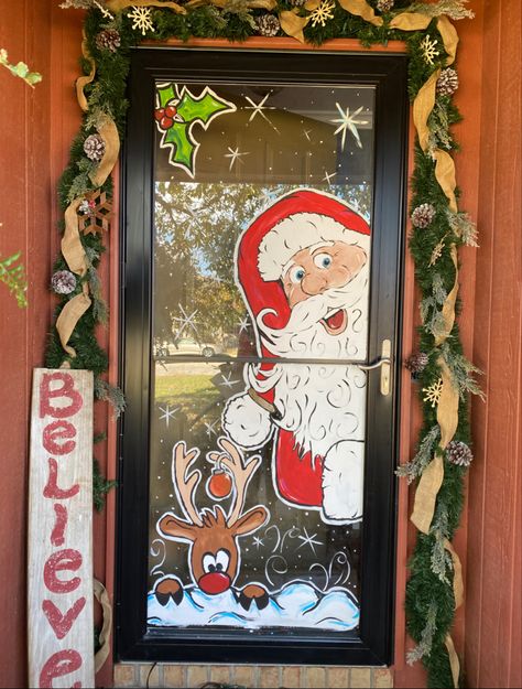 Painting, painted window, Christmas, santa, reindeer, window painting, glass Santa Peeking In Window, Glass Door Christmas Painting, Glass Door Christmas Decorations, Santa Window Art, Christmas Painting On Glass Window, Window Paintings Christmas, Santa Claus Window Painting, Reindeer Window Painting, Glass Door Christmas Decor