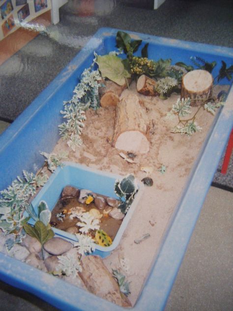 Adding a bowl to create a pond for the wildlife small world play in the sand. Sand Pits For Kids, Sensory Bin Play, Kids Kitchen Accessories, Reception Activities, Tuff Spot, Sand Tray, Water Tray, Nursery Activities, Sand Play