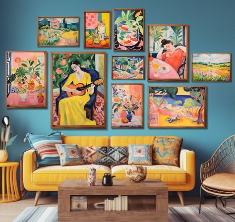 9 Major Interior Design Styles Explained For Beginners Green And Orange Gallery Wall, Matisse Gallery Wall, Focal Point Wall, Yellow Couch, Matisse Print, Japanese Wall Art, Inspire Me Home Decor, Japanese Wall, Painted Table