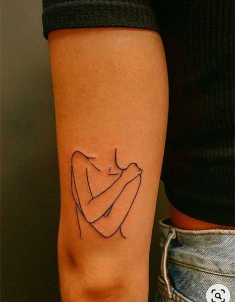 Body Tattoos Minimalist, Self Love Line Tattoo, One Line Body Tattoo, Women Silloute Tattoo, One Line Tattoo Woman Silhouette, Tattoos Of Women Bodies, Tattoos For Body Image, Minimalist Woman Tattoo, Selflove Tattoo Symbol