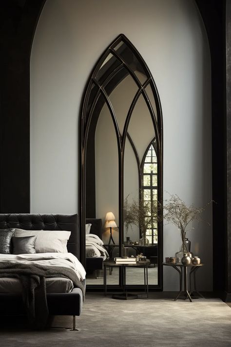 Elegance in Darkness: 21 Whimsy Goth Bedroom Decorating Ideas Modern Gothic Bedroom Ideas, Gothic Modern House Decor, Neo Gothic Bedroom, Minimalist Goth Bedroom, Whimsy Goth Decor, Haus Aesthetic, Modern Dining Room Table Decor, Romantic Goth Bedroom, Minimalist Goth Decor