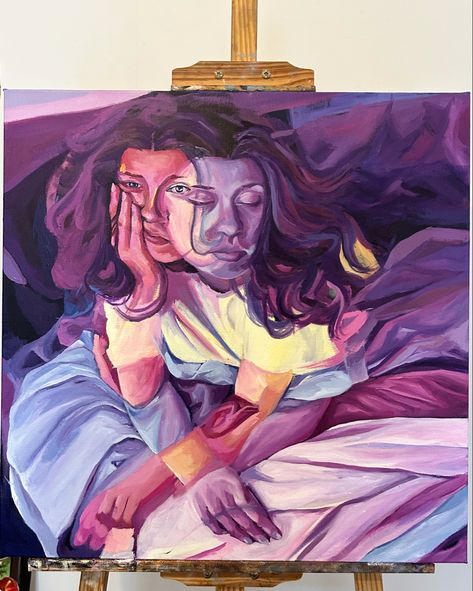 Self portrait by Lauren Pollard using a purple colour palette. Oil painting on stretched canvas Exhaustion Art, Chronic Illness Artwork, Distortion Art, Fine Art Acrylic, Textiles Sketchbook, Art Therapy Projects, A Level Art Sketchbook, Everyday Art, Art Folder