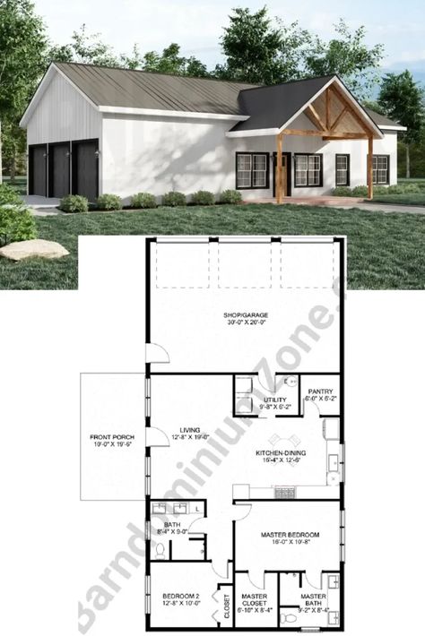 2-Bedroom The Nelmes Craftsman-Style Barndominium With 3-Car Garage & Workshop 2 Bedroom Barndominium With Garage, 2 Bed Barndominium Floor Plans, 1 Bedroom Barndominium Floor Plans, 1000 Sq Ft Barndominium, Cozy Front Porch, Cabin Build, Small Barndominium Ideas, Metal Building House Plans, Georgia House