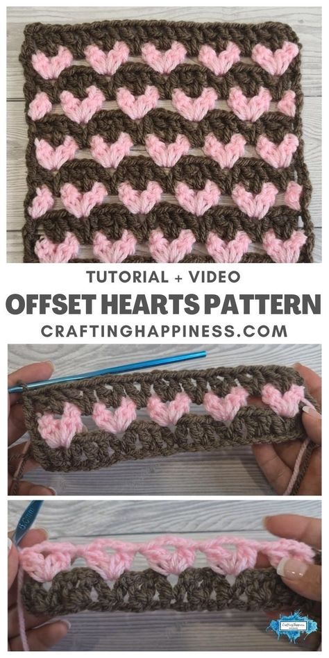 How to crochet Offset Hearts Pattern, free crochet pattern & tutorial for beginners. Learn crochet with the tutorial from Crafting Happiness. Valentine Crochet Patterns, Valentine Crochet, Crochet Blanket Stitch Pattern, Crochet Valentine Patterns, Stitches Pattern, Learn Crochet, Crochet Stitches Guide, Crochet Stitches For Blankets, Crochet Blanket Designs