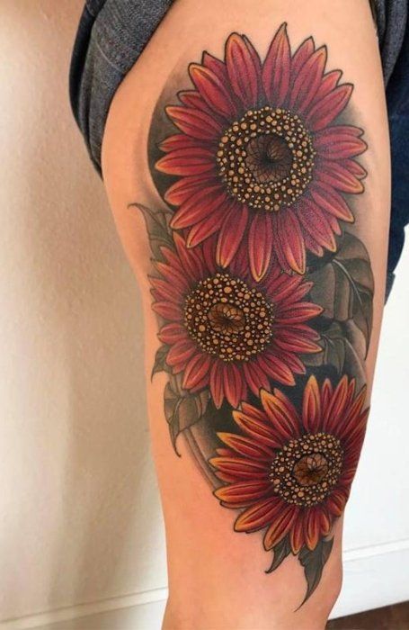 40 Beautiful Sunflower Tattoo Designs & Meaning - The Trend Spotter Red Sunflower Tattoo, Sunflower Tattoo Thigh, Starfish Tattoo, Sunflower Tattoo Small, Pumpkin Tattoo, Tattoos With Kids Names, Cool Arm Tattoos, Daisy Tattoo, Sunflower Tattoos