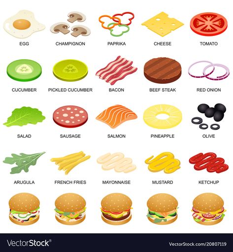 Food Infographic Design, Burger Drawing, Food Truck Party, Types Of Burgers, Burger Vector, Burger Stand, Recipe Drawing, Red Onion Salad, Burger Toppings