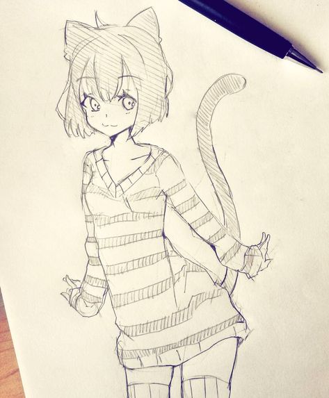 Manga Inspiration, Girl Drawing Sketches, Cat Sketch, Small Drawings, Anime Cat, Girl Sketch, Sketch Art, Anime Character Drawing, Design Drawing