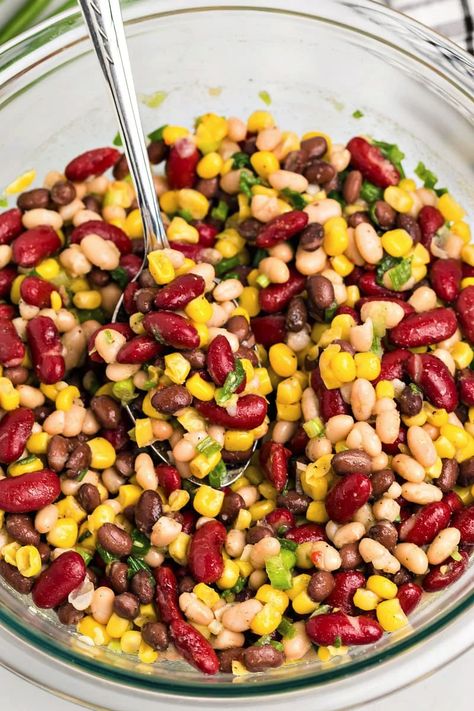 Red, White and Black Bean Salad recipe from RecipeGirl.com #red #white #black #bean #beans #salad #recipe #RecipeGirl Bean Salad Recipes Easy, Red Bean Salad, White Bean Salad Recipes, Red Beans Recipe, Kidney Bean Salad, Black Bean Salad Recipe, Cold Salad Recipes, White Bean Recipes, Bean Salad Recipe