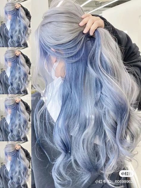 Grey And Blue Hair, Blue Silver Hair, Dyed Hair Blue, Light Blue Hair, Korean Hair Color, Hair Color Underneath, Hair Inspiration Long, Fesyen Rambut, Dyed Hair Inspiration